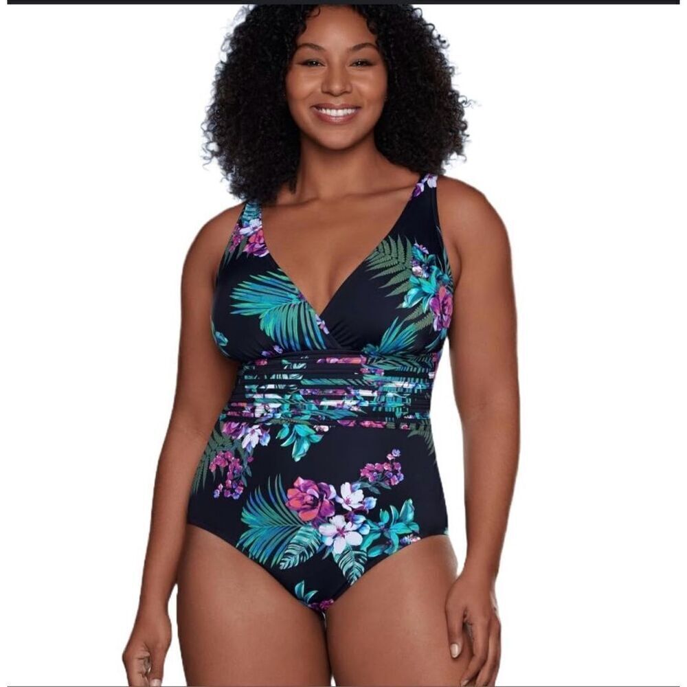 🌸 Aqua Green Black Tummy Control Floral One Piece Swimsuit New